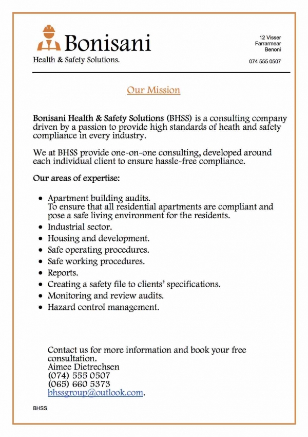 Bonisani Health and Safety solutions Consulting in Farrarmere, Benoni